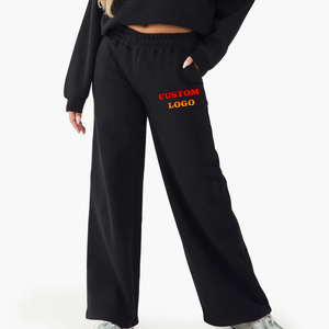 Pantalons décontractés de couleur noire unie avec logo personnalisé pantalon de survêtement décontracté à taille haute et jambe large pour femmes - Product Image 1