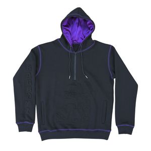 Chándal de punto de contraste con logotipo en relieve personalizado, forro polar negro con costuras moradas, Capucha forrada de satén, sudadera con cremallera y pantalones para correr - Product Image 1