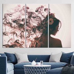 Décoration murale sur toile imprimée en verre, art abstrait moderne représentant une femme fumante, lot de 3 toiles - Product Image 1