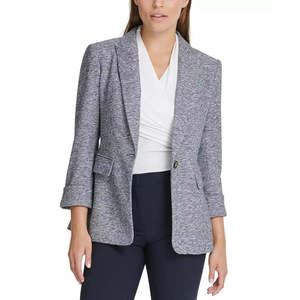 Blazer da Donna DKNY Blu Tinta Unita Ricamato Monopetto in Tessuto di Lana Melange Lunghezza Lunga Taglia 16 - Product Image 1