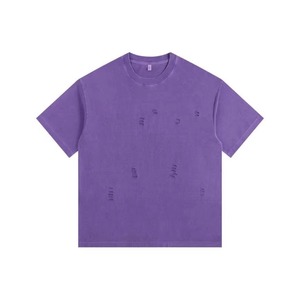 T-shirt décontracté pour homme de qualité supérieure, à motif uni, surdimensionné, à manches courtes, style américain, effet délavé, design à épaules tombantes, avec trous - Product Image 5