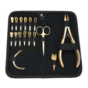 Kit d'outils pour extensions de cheveux dorées avec pince à sertir, outil de pressage de perles plates, ciseaux de coupe rapide, aiguilles C, 12 clips - Product Image 1