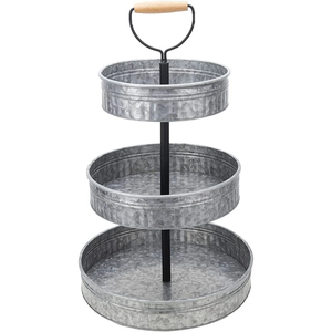 Support de plateau de service rond à 3 niveaux en métal galvanisé de style ferme avec poignée pour la décoration de la cuisine et de la maison à prix abordable - Product Image 4