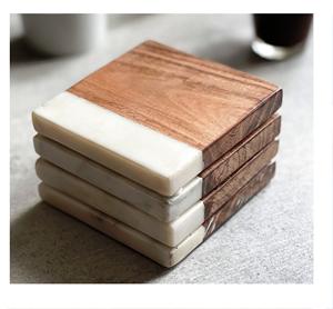 White Marble & Wood <b>Round</b> Coasters Set of 4 Natural Wood and Marble Mango coaster Made in India - Product Image 5