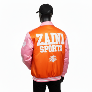 Veste en satin premium 240 GSM, corps orange avec panneaux de manches roses, impression par transfert thermique de logo personnalisé, veste en satin streetwear pour hommes - Product Image 4