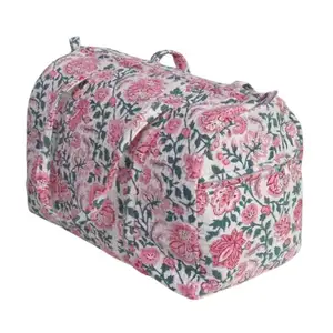 Özel baskı küçük seyahat çantası yumuşak pamuk el blok baskı kumaş şık seyahat çevre dostu haftasonu satılık silindir çanta