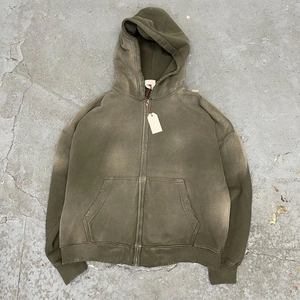 Sweat à capuche Streetwear personnalisé de haute qualité, polaire vierge, sweat à capuche vintage zippé à double couche, délavé à l'acide et délavé au soleil avec poches en détresse - Product Image 3