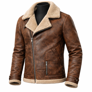 Chaqueta de cuero con cuello de piel de oveja marrón, abrigo de cuero con cremallera para invierno, chaqueta de cuero para hombre, cuero genuino de alta calidad - Product Image 5