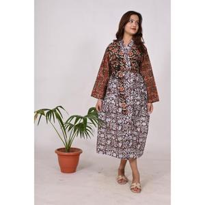 Bata de Kimono con estampado de bloques florales hecha a mano para mujer, vestido de salón bohemio, algodón indio ecológico, 100%, suave, lavable, otoño Natural - Product Image 2