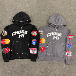 Custom OEM Best Quality Rhinestones <b>Zip</b> Up <b>Hoodie</b> With Embroidery Patch Heavyweight 100% Cotton 450GSM <b>Zip</b>-Up Breathable <b>Hoodie</b>. - Product Image 1