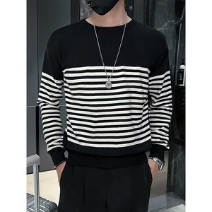 Tendance décontracté automne hiver hommes chandails col rond rayé contraste couleur coréen décontracté pulls amples - Product Image 2