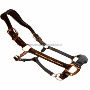 High Quality Luxury Havana Brown Leather Horse <b>Halter</b> with clear Crystal Bling Chain Noseband Premium Rose Gold Hardware - Product Image 1