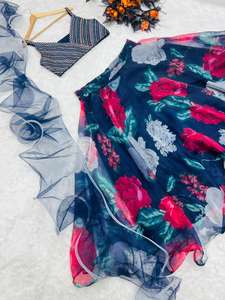 Más hermoso de la India Étnico Floral Impreso Lehenga Organza Net Party Wear Boda Choli Secuencia Cording Bordado Trabajo - Product Image 5