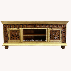 Meuble TV traditionnel en bois sculpté à la main avec finitions en laiton antique pour salon / salle de séjour / hall d'entrée Rajasthan - Product Image 2