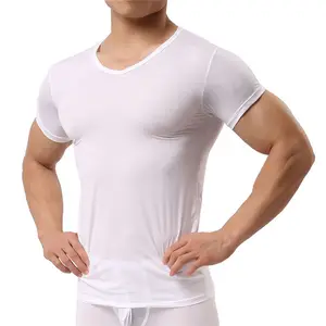 2023运动男装涤纶氨纶t恤男式汗衫冰丝氨纶透明t恤男式尼龙v领短袖上衣