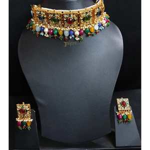 Gargantilla Floral Meenakari multicolor, Pendientes chapados en oro finos para bodas, fiestas, regalos con perla esmeralda de latón - Product Image 2