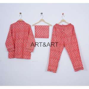 Ensemble de pyjama en tissu imprimé de blocs de main en coton vêtements de nuit et de vacances pour femmes ensemble de chemise et de pantalon de pyjama à manches longues nouvel arrivage - Product Image 4