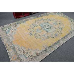 Tapis vintage, grand tapis de 5,3 x 9,6 pieds, tapis en laine jaune et bleu - Product Image 2