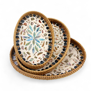 ถาดเสิร์ฟงานฝีมือหวายคลาสสิกประดับมุก สำหรับเสิร์ฟขนมและเครื่องดื่ม ใช้ได้กับโต๊ะอาหารที่บ้าน - Product Image 1