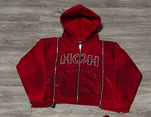 เสื้อครอปผ้าฝ้ายสีชมพูแบบมีฮู้ดมีซิปมีซิปรูดแบบเต็มตัวทำจากพลอยเทียมซีดจางออกแบบได้ตาม500Gsm - Product Image 1