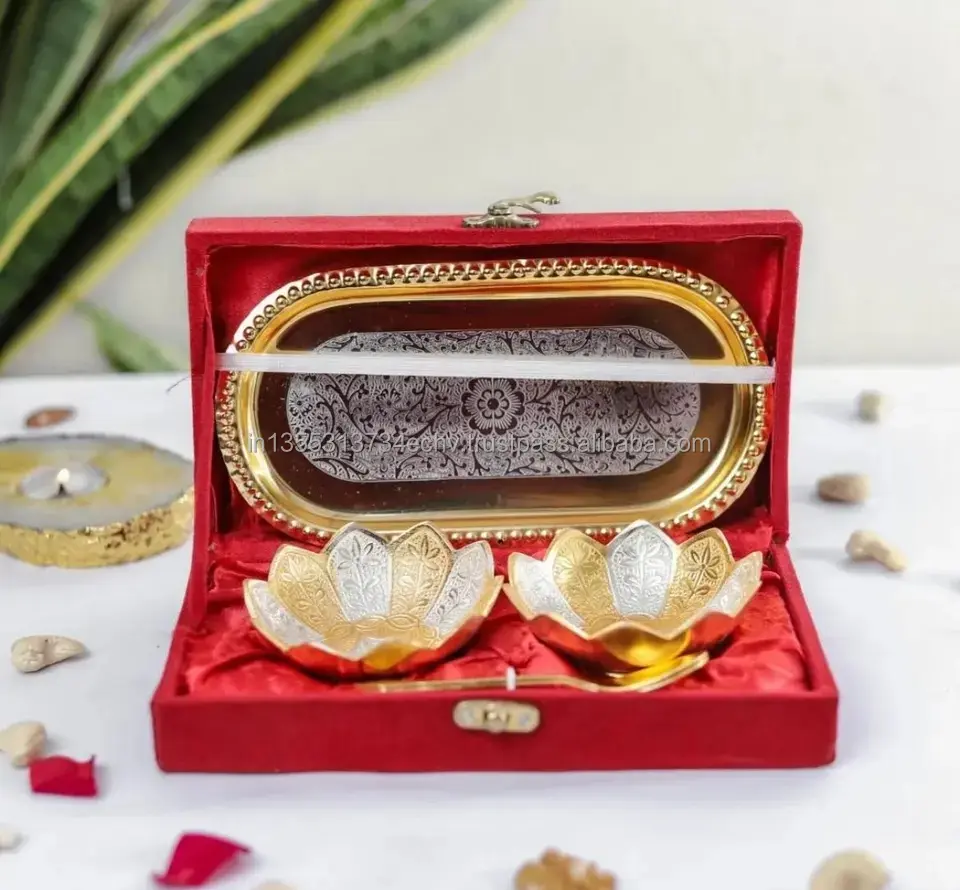 Mangkuk lapis emas perak Jerman Set dengan harga grosir favorit Pernikahan India hadiah kembali mangkuk buah kering dengan nampan dan sendok