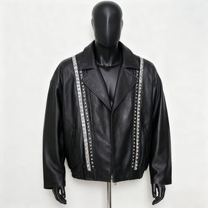 OEM Wholesale Custom Logo PU Leather Mens <b>Jacket</b> High Quality Recycled Material Zipper <b>Collar</b> with Rivet and Rhinestone Design - Product Image 3