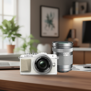 Appareil photo numérique hybride compact professionnel avec kit double objectif 14-42mm EZ 40-150mm, étui de photographie blanc, appareil photo d'occasion - Product Image 3