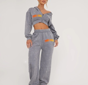 Survêtement pour femmes, couleur unie, à capuche, manches longues, fermeture éclair sur le devant, poche, coupe ample, style streetwear, gris, polyester, logo personnalisé - Product Image 6