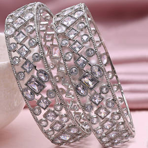 Modern Luxury Silver Brass Bangles Set Reverse AD Rhodium Plated Ethnic Style <b>Fashionable</b> Women's Wedding Orthodox Religions - Product Image 2