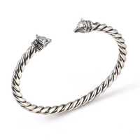 Brazalete Unisex de Plata de Ley 925 con Cabeza de Lobo Pequeña y Diseño Trenzado |   Joyería Turca Hecha a Mano, Marca NUSRET, Moderna, 6.2cm, 19.14g
