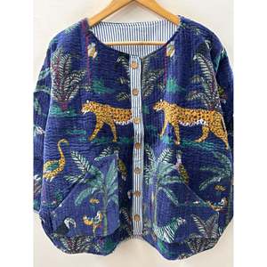 Hand Block-Printed <b>Quilted</b> Cotton <b>Jacket</b> with Coconut Shell Buttons Full Sleeve Summer the Jungle Navy - Product Image 1