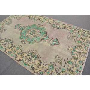 Tapis Turc Vintage 4.9x8.1ft Laine Armure Plate Latex Support Vert Beige Patchwork Motif pour Décorations de Couloir de Salon - Product Image 4