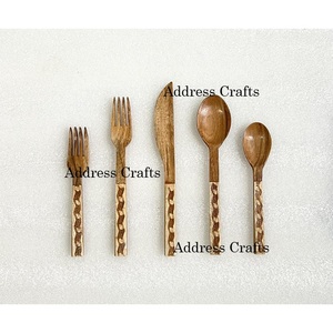 Eco Material Organic Wooden Cutlery <b>Set</b> With Engraved Design Vintage Food Grade <b>Flatware</b> <b>Set</b> Hot Selling Tableware Place Setting - Product Image 4