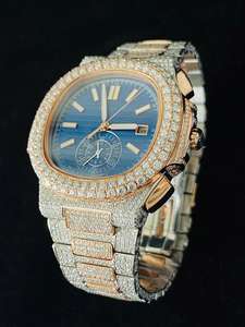 Mens Blue Dial Iced Luxury Watch Two Tone Diamond Look Stainless Steel Bracelet Fashion Quartz Watch Custom Logo Wholesale - Product Image 3