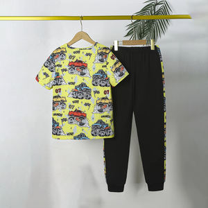 Conjunto de pantalones largos de manga corta informal de verano para niños Camiseta con patrón amarillo cómodo y pantalones largos adecuados - Product Image 2
