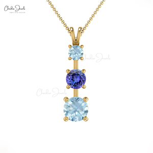 Vendeur vérifié Pendentif à trois pierres en or massif 14k véritable 4mm Tanzanite et pendentif chaîne aigue-marine coupe ronde Fournisseur de gros - Product Image 6