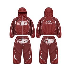 Unisex Tracksuit Hooded Full Length Loose Fit Polyester Streetwear Athletic Jogger Set Autumn <b>Red</b> With White Logo Print <b>Suit</b> - Product Image 1