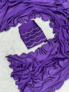 Elegante pero bonito aspecto elegante corte borde trabajo Chinon tela de seda bordado de Color púrpura largo Sari de moda para la venta - Product Image 6