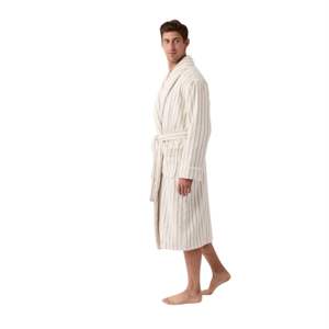 Luxury Striped Bath Robe Bamboo Viscose Cotton Blend Ultra Soft Zero Twist Technology Unisex Fit With Pockets in <b>Sand</b> Stripe - Product Image 1