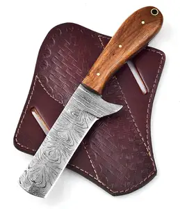 Cuchillo de caza de acero de Damasco, cuchillo de caza de hoja fija y cortador de toro con mango de madera con funda de cuero, gran oferta 2024