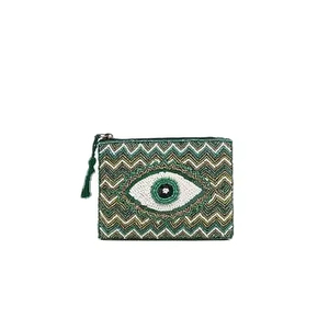 Handmade Cotton Coin Pouch Rectangular Shape Ciao Embroidery Yellow Green Letters Crafted <b>Purse</b> - Product Image 2