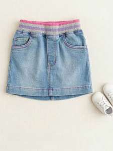 Conjunto de Falda y Top de Tirantes Acanalado Estilo Denim Lavado para Niños con Lazo, Unisex, Ropa Casual de Verano para Niños, Color Sólido - Product Image 2