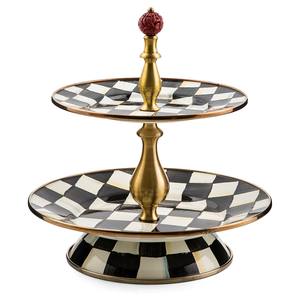 Soporte de pastel de lujo de 2 niveles con diseño a cuadros y pedestal dorado, bandeja decorativa redonda para postres, ideal para el té de la tarde y decoración de fiestas. - Product Image 1