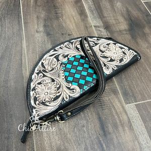 กระเป๋าหนังแท้ลายดวงจันทร์ครึ่งดวงทำมือพร้อมกระเป๋าสตางค์ดีไซน์ลายดอกไม้ลายตารางสีเทอร์ควอยส์กระเป๋าใส่บัตรและเหรียญ - Product Image 1