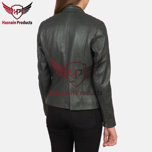 Womens Real Green Leather <b>Biker</b> Jacket Stand Collar Sheepskin Coat Zip Front Slim Fit Tailored Panel Custom Warm Outwear New - Product Image 5