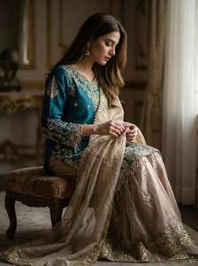 Ensemble Sharara en Soie Lourde pour Femme, Entièrement Cousu, avec Broderie de Sequins et Perles de 3mm, Idéal pour Mariages et Fêtes - Product Image 5