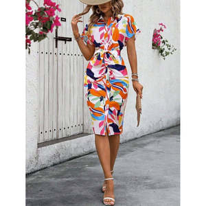 Robe Supreme à manches courtes, col boutonné, drapée et à motifs pour femme, 35523 - à motifs - Product Image 3