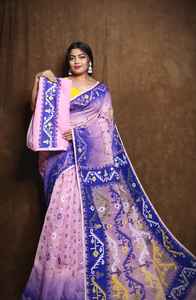 Sari Khadi con estampado de bloques para mujer, Sari tradicional hecho a mano amarillo granate, sari de algodón Khadi amarillo ligero - Product Image 3