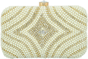 Bolso de mano de noche con patrón de diamantes con cuentas de perlas blancas para mujer Diseño de diamantes de imitación para fiestas y uso nupcial - Product Image 2