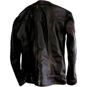 Chaqueta de Motociclista de Cuero Genuino para Hombre, Color Marrón Gamuza, Estilo Vintage, Delgada, Impermeable, con Cremallera, Doble Bolsillo, Forro de Algodón, Bordada, Envío Inmediato - Product Image 5